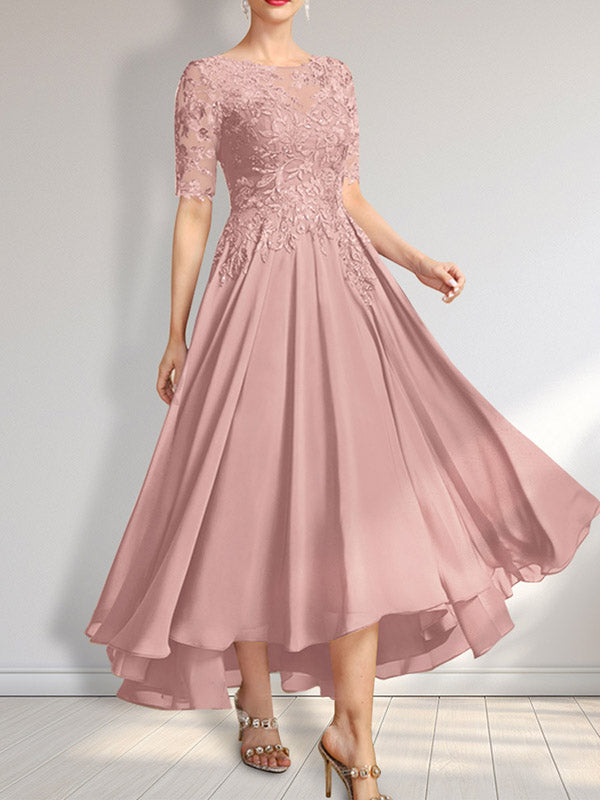 Vestido de madre de la novia de gasa asimétrica con encaje, ilusión, corte A y lentejuelas 