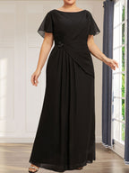 A-Linien-Chiffonkleid mit Rundhalsausschnitt, knöchellang, mit Perlenstickerei und Falten für die Mutter der Braut