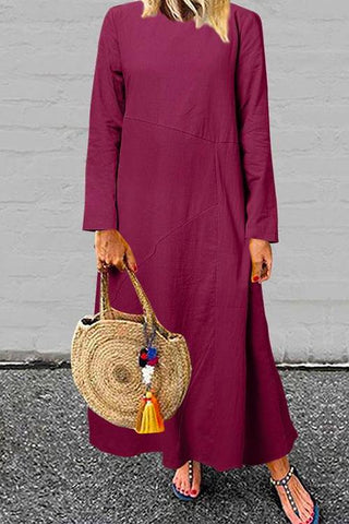 Meridress Solid Long Sleeve Cotton Linen A-line Dress