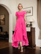 A-Linien-Kleid mit asymmetrischem Chiffon-Spitzenausschnitt, Schleife, Rüschen und Pailletten für die Mutter der Braut 