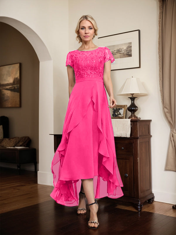Vestido de madre de la novia de gasa asimétrica con escote en A, ilusión, encaje, lazo, volantes y lentejuelas 