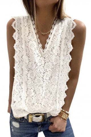 V Neck Lace Hollow Out Sleeveless Top