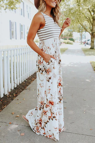 Vestido largo sin mangas con estampado floral y rayas de Meridress