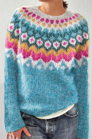 Suéter acogedor Meridress vintage de cuello redondo con estampado único (en 3 diseños)