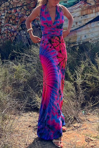 Vestido largo de corte A con escote en V, espalda cruzada y efecto tie dye de Meridress