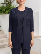 Jumpsuit/Hosenanzug-Set, bodenlanges Chiffon-Spitzenkleid mit Pailletten für die Mutter der Braut mit Rundhalsausschnitt