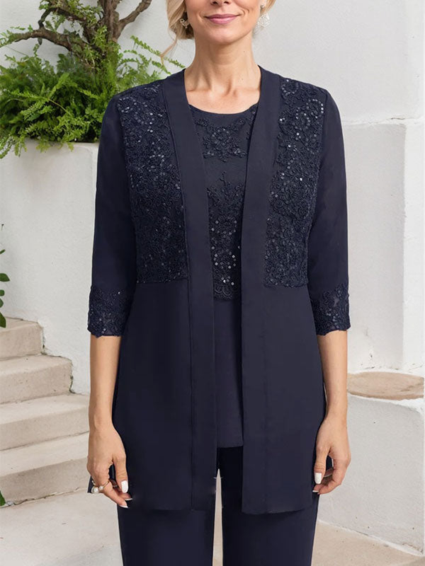 Jumpsuit/Hosenanzug-Set, bodenlanges Chiffon-Spitzenkleid mit Pailletten für die Mutter der Braut mit Rundhalsausschnitt