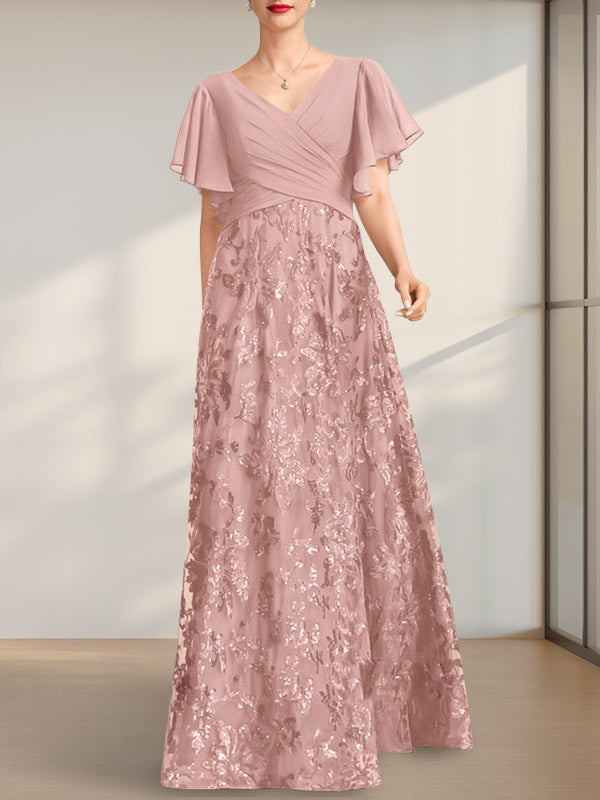 A-Linien-Kleid mit V-Ausschnitt, bodenlang, aus Spitze, Pailletten und Chiffon, ideal für die Mutter der Braut, mit Falten