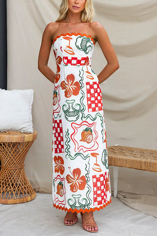 Strapless Ric Rac Trim Printed Maxi Party Dress