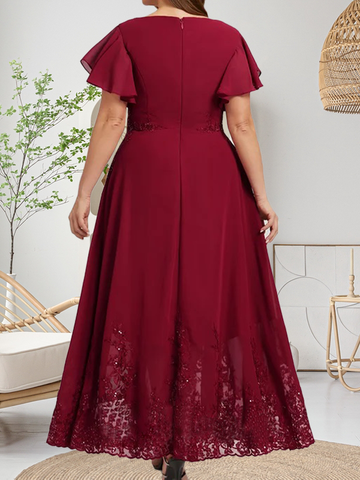 A-Linien-Kleid mit Rundhalsausschnitt, knöchellang, aus Spitze und Chiffon, mit Pailletten besetzt