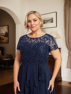 A-Linien-Kleid mit asymmetrischem Chiffon-Spitzenausschnitt, Schleife, Rüschen und Pailletten für die Mutter der Braut 