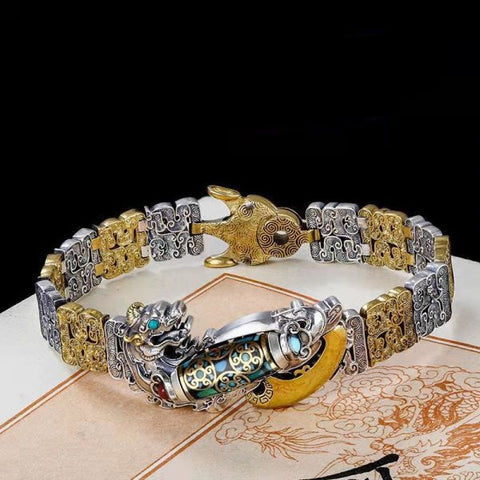 Sterling Silver Turquoise Lucky Pixiu Inlaid Nine-eyed Dzi Curb Chain Bracelet
