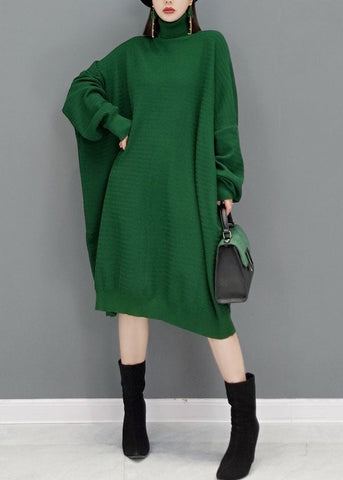 Vestido de suéter de punto de cuello alto verde de moda otoño
