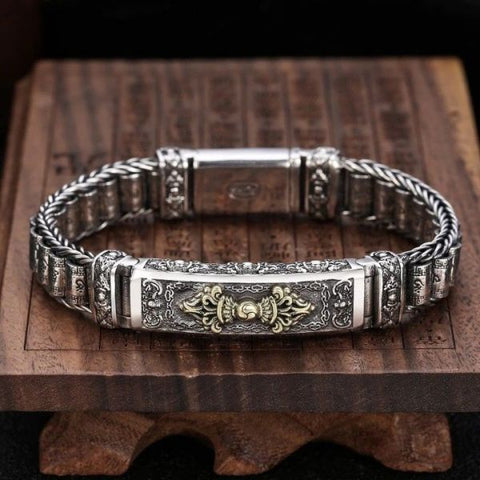 Pulsera de plata de ley con seis caracteres de la verdad y la mano del mortero Vajra 