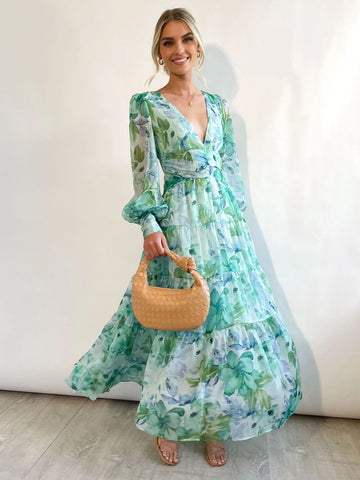 Maxi Dress V-Neck Long Sleeves Bohemian Floral Print Layered Pleated Long Dress