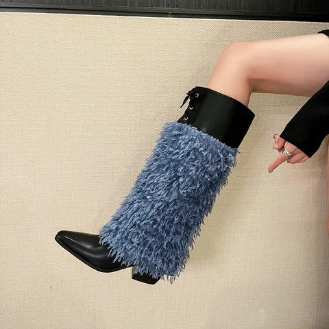 Weiße blaue Feder spitze hohe Stiefel Damen elegante High Heels Schuhe Damen Casual Winter Herbst Catwalk Perform Kniehohe Stiefel 