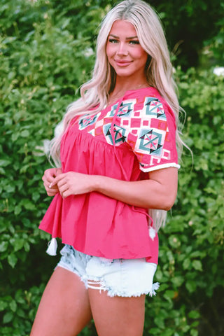 geometric embroidered tassel blouse in strawberry pink