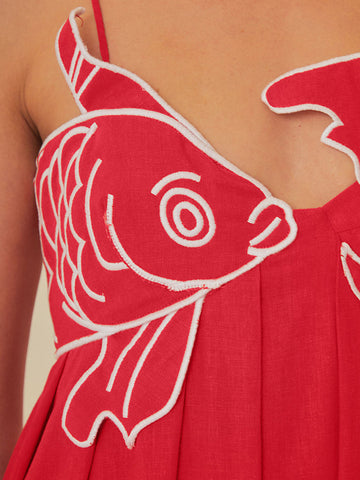 Vestido midi con tirantes finos y bordado de pez 
