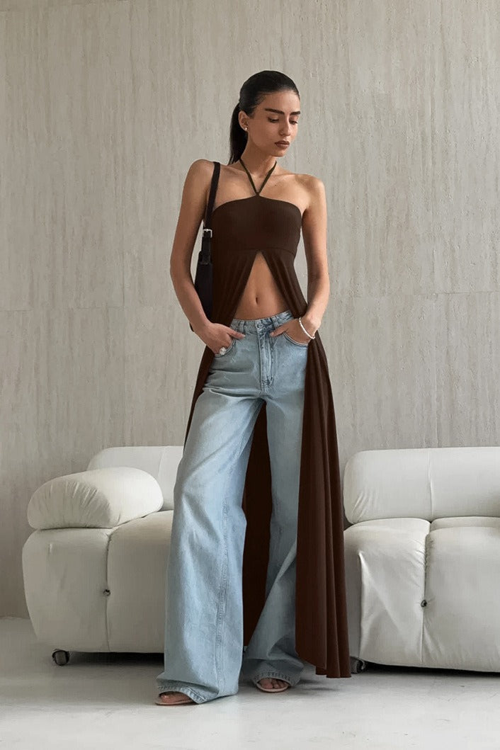 Versatile Flowy Slit Halter Slim Blouse