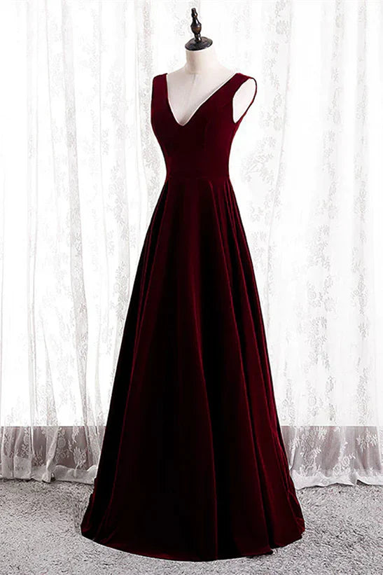 Vestido de fiesta largo sin mangas con escote en V de terciopelo de corte A, vestido de dama de honor