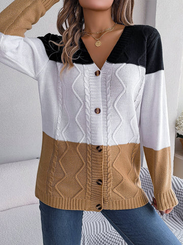 Herbst Winter Casual Kontrast Farbe Taste Langarm Pullover Strickjacke Mantel Frauen Kleidung 