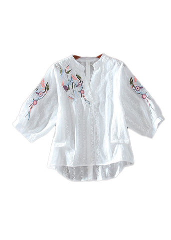 Camisa blanca sencilla con cuello en V, bordada, diseño bajo y alto, con mangas tipo brazalete 