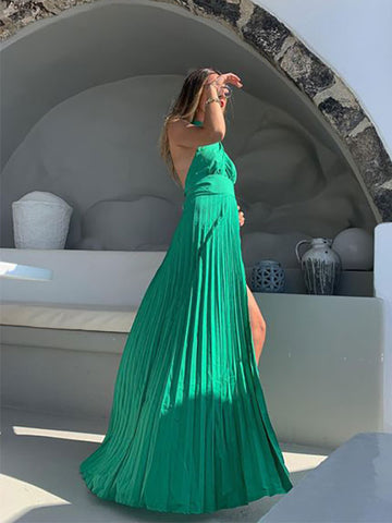 Neckholder-Maxikleid, ärmellos, lässig, rückenfrei, plissiert, bodenlanges Kleid 