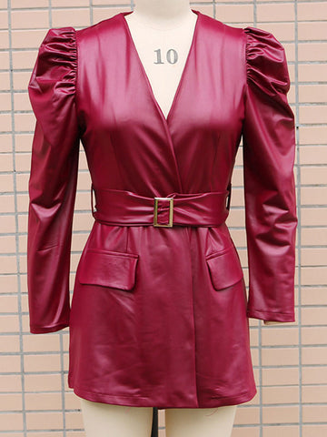 Mini Dresses Burgundy Long Sleeves Sash PU Leather Short Dress