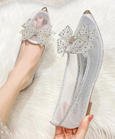 New Gold Breathable Bow Zircon Tulle Pointed Flat Shoes
