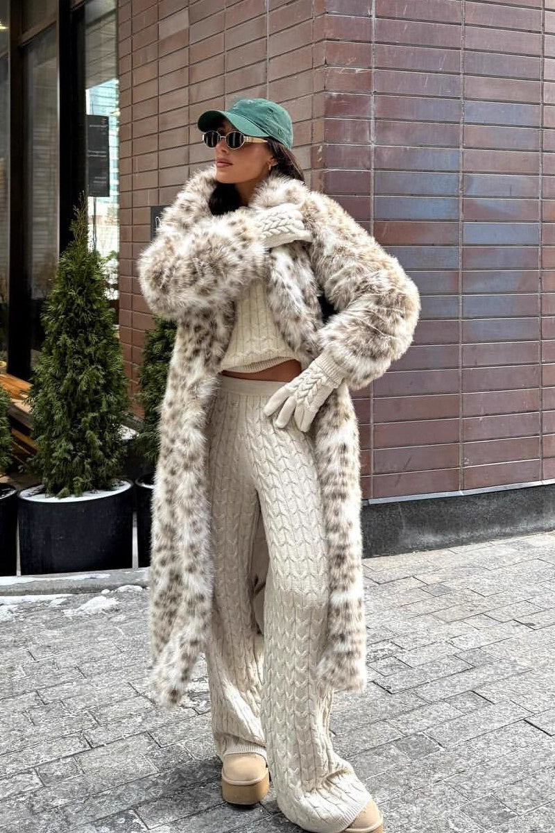 Leopard Print Faux Mink Fur Eco Long Blazer Collar Overcoat