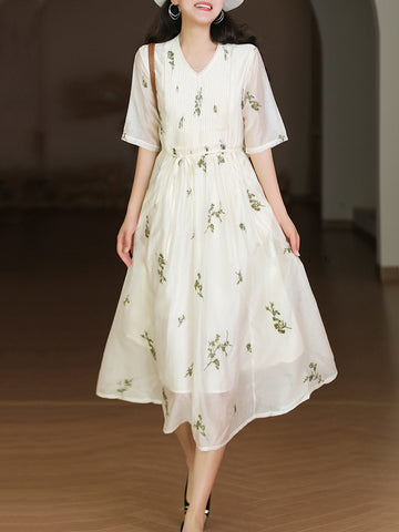 Women Summer Artsy Floral Embroidery Draped Drawstring Dress