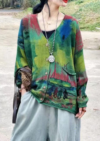 Cárdigan de punto con bolsillos y estampado de cuello en V verde bohemio de manga larga 