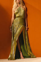 Metallic Pleated Halter Backless Tie Slit Maxi Dress