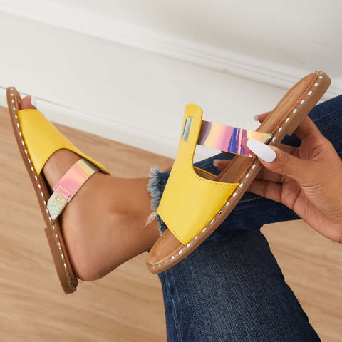 Bunte, offene Zehenpartie zum Hineinschlüpfen, flache Hausschuhe, Slide-Sandalen 