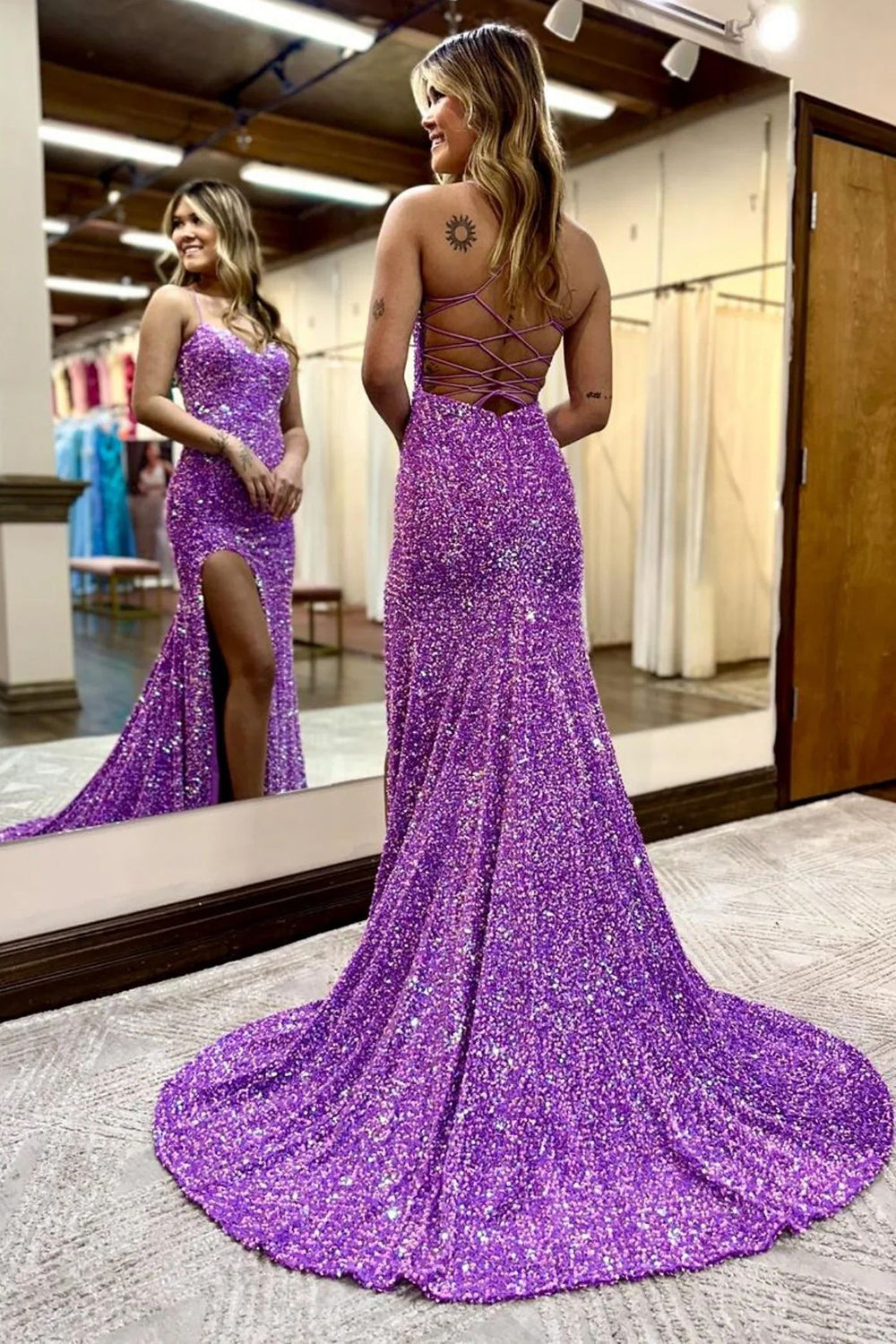 Mermaid Halter Purple Sequins Long Prom Dress with Criss Cross Back