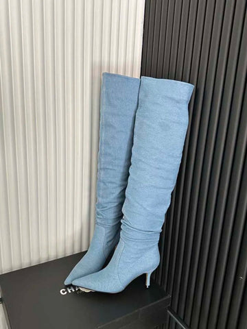 Sexy Overknee-Stiefel für Damen, Chelsea-Booties, spitze Zehenpartie, blau, schwarz, weiß, Jeansstoff, Winterschuhe, Schlupfstiefel für den Herbst 