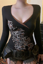 Retro Floral Printed V Neck Blouse