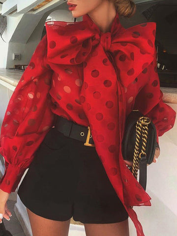 Loose Puff Sleeves Bowknot Pleated Polka-Dot See-Through Split-Joint High Neck Blouses&shirts Tops