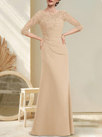 A-Linien-Kleid aus Chiffon und Spitze in Bodenlänge für die Mutter der Braut mit Perlenstickerei, Falten und Pailletten