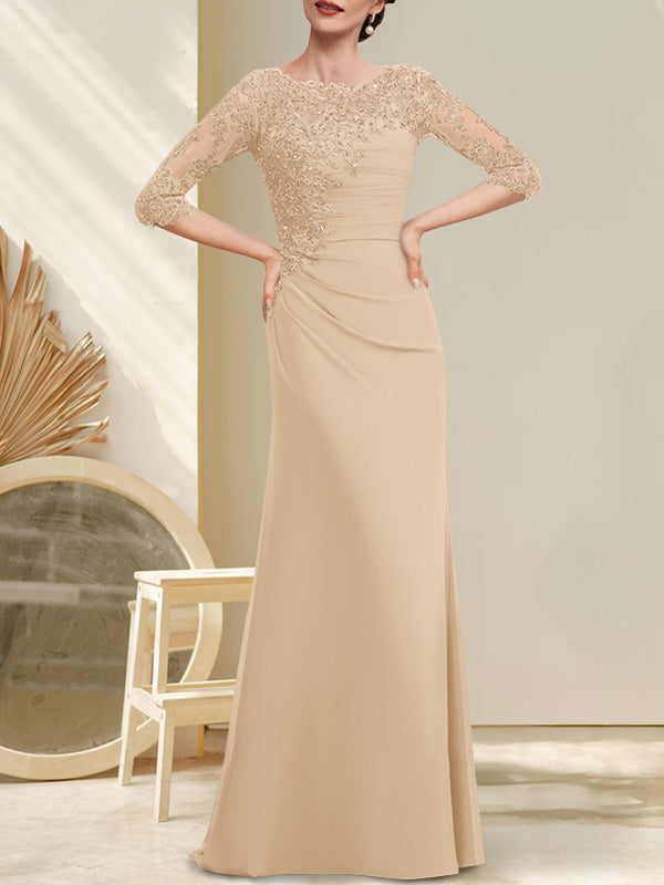 Vestido de gasa para madre de la novia, corte A, largo hasta el suelo, con encaje, cuentas y lentejuelas plisadas