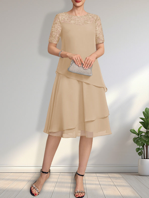 A-Linien-Kleid mit Rundhalsausschnitt, Illusion-Effekt, knielang, aus Spitze und Chiffon mit Pailletten für die Mutter der Braut