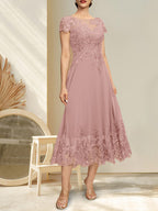 A-Linien-Kleid mit Illusion-Ausschnitt, Rundhalsausschnitt, Teelänge, Spitze und Chiffon, mit Pailletten, für die Mutter der Braut