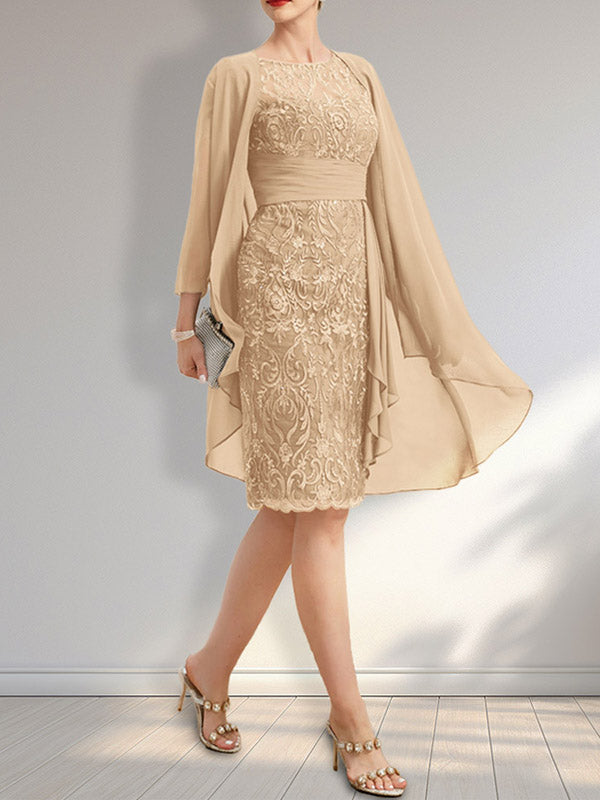 Etuikleid mit Rundhalsausschnitt, Illusion-Effekt, knielang, aus Chiffon mit Spitze, Rüschen und Pailletten – ideal für die Mutter der Braut