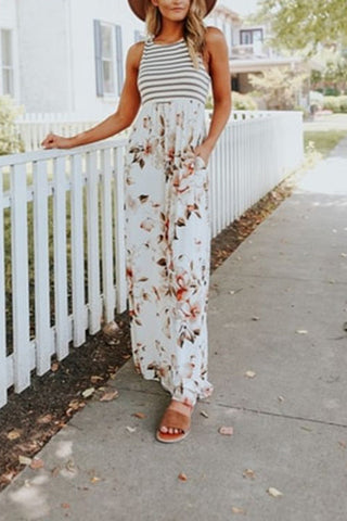 Vestido largo sin mangas con estampado floral y rayas de Meridress