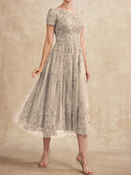 A-Linien-Kleid aus Tüllspitze mit Rundhalsausschnitt und Teelänge für die Mutter der Braut 