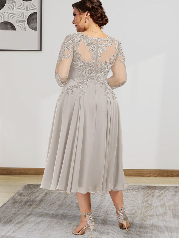 A-Linien-Kleid mit U-Boot-Ausschnitt, Illusion-Detail, Teelänge, Chiffonspitze, Perlenstickerei und Pailletten für die Mutter der Braut