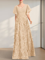 A-Linien-Kleid mit V-Ausschnitt, bodenlang, aus Spitze, Pailletten und Chiffon, ideal für die Mutter der Braut, mit Falten