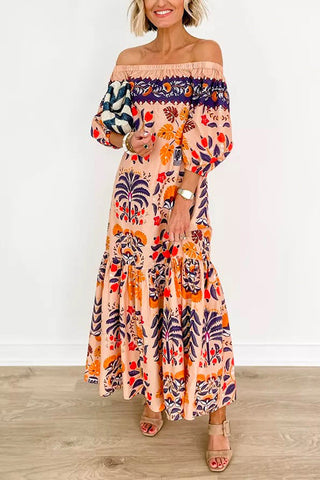 Vestido largo con volantes estampados y mangas farol con hombros descubiertos de Meridress