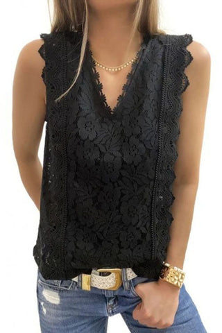 V Neck Lace Hollow Out Sleeveless Top
