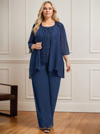 Zweiteiliger Jumpsuit/Hosenanzug, bodenlanges Chiffon-Kleid mit Spitze und Pailletten für die Mutter der Braut
